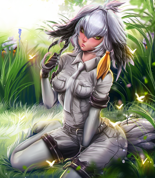 Anime picture 2000x2296 with kemono friends shoebill (kemono friends) javier estrada single tall image looking at viewer fringe highres short hair hair between eyes sitting green eyes signed tail animal tail grey hair realistic adjusting hair wariza head wings
