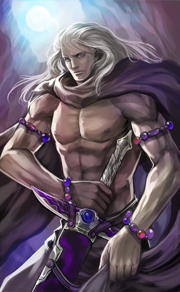 Anime picture 2000x3253 with final fantasy final fantasy iv square enix morechand single long hair tall image highres purple eyes grey hair muscle weapon sword cape beads