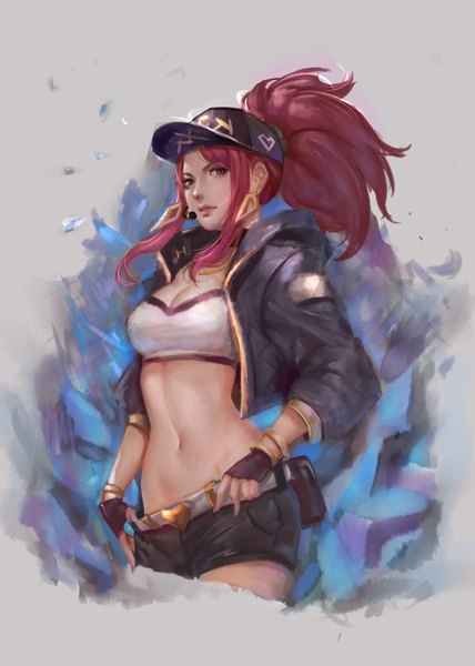 Anime picture 2500x3500 with league of legends k/da (league of legends) akali (league of legends) k/da akali sherylnome single long hair tall image looking at viewer highres blue eyes light erotic simple background payot ponytail red hair lips grey background open jacket floating hair