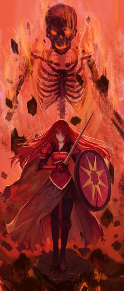 Anime picture 638x1500 with original pixiv fantasia pixiv fantasia fallen kings tuzki single long hair tall image looking at viewer fringe red eyes standing holding red hair hair over one eye glowing skeleton girl hair ornament weapon sword