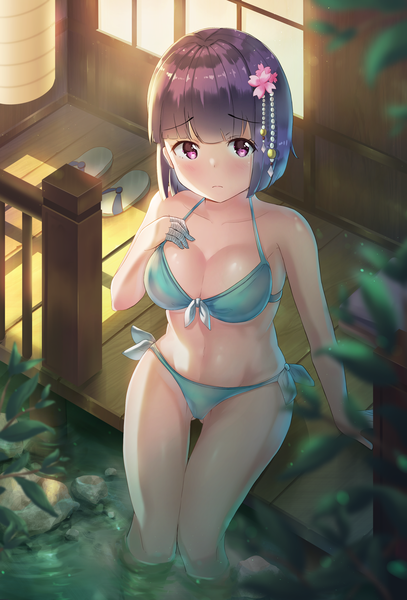 Anime picture 2383x3508 with eromanga sensei a-1 pictures senju muramasa holmemee single tall image looking at viewer blush fringe highres short hair breasts light erotic large breasts sitting purple hair blunt bangs pink eyes from above embarrassed