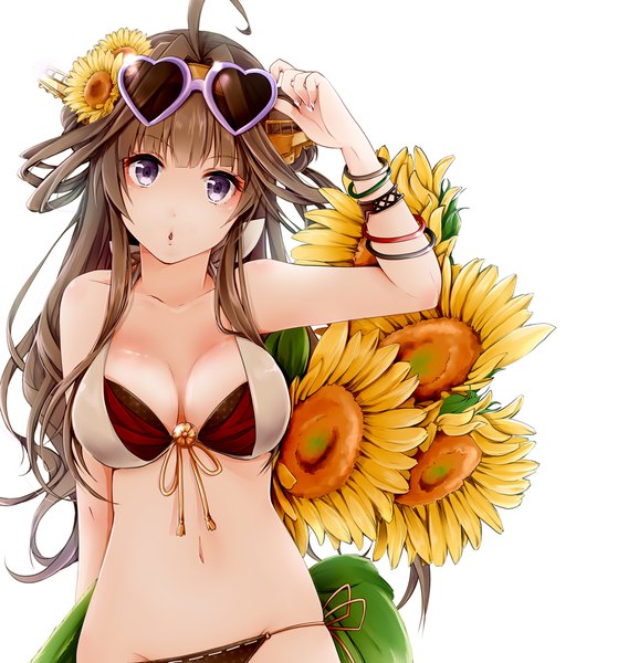 Anime picture 1000x1072 with kantai collection kongou battleship akatsuki hijiri single long hair tall image looking at viewer blush breasts light erotic simple background brown hair standing white background purple eyes bare shoulders ahoge head tilt hair flower bare belly