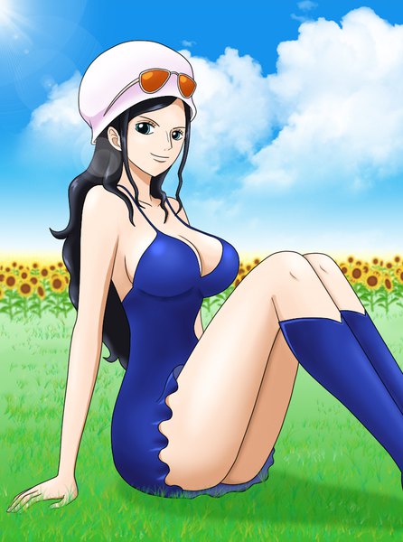 Anime picture 762x1024 with one piece toei animation nico robin himumu (cyah7528) single long hair tall image looking at viewer breasts blue eyes light erotic black hair smile sitting bare shoulders payot sky cleavage cloud (clouds) outdoors