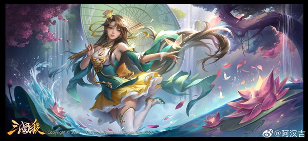 Anime picture 2500x1152 with romance of the three kingdoms legend of the three kingdoms xiao qiao hanji zheng single highres smile brown hair wide image standing holding brown eyes signed looking away outdoors very long hair nail polish wind realistic wide sleeves
