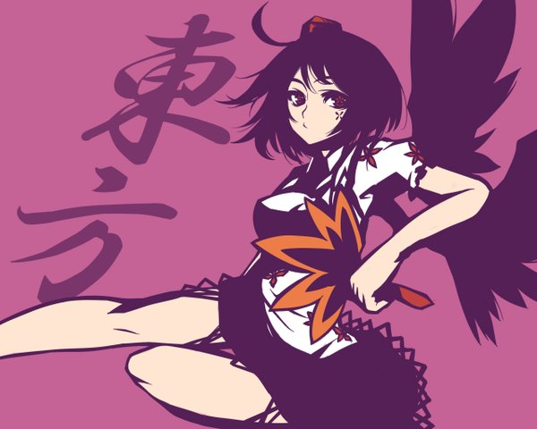 Anime picture 1280x1024 with touhou shameimaru aya hitoto single looking at viewer short hair black hair simple background red eyes holding inscription girl dress skirt hat wings fan hauchiwa
