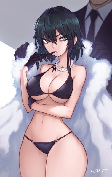Anime picture 757x1200 with one-punch man madhouse fubuki (one-punch man) liyart tall image looking at viewer fringe short hair breasts blue eyes light erotic simple background hair between eyes large breasts signed payot cleavage green hair fur trim underboob