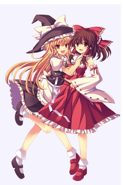 Anime picture 650x977 with touhou hakurei reimu kirisame marisa peach88 long hair tall image blush open mouth simple background blonde hair smile red eyes brown hair white background multiple girls traditional clothes hug girl skirt bow