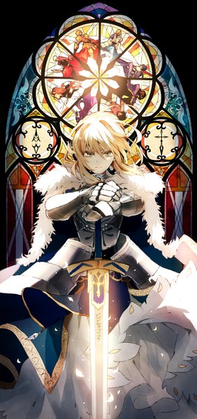 Anime picture 1000x2128 with fate (series) fate/stay night type-moon artoria pendragon (all) saber gilgamesh (fate) rider archer (fate) cu chulainn (fate) caster berserker assassin (fate/stay night) sagatsu (miicat) single tall image looking at viewer fringe short hair blonde hair standing