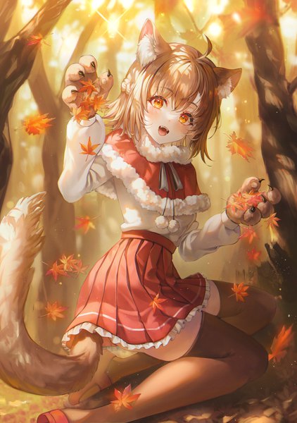 Anime picture 1745x2480 with original mirage (rairudiseu) single tall image looking at viewer blush fringe highres short hair open mouth smile hair between eyes brown hair animal ears ahoge outdoors tail braid (braids) long sleeves :d