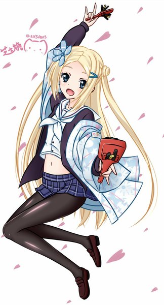 Anime picture 594x1100 with hanayamata madhouse hana n. fontainestand nagi-the-cheese (ppshex) single long hair tall image looking at viewer blush open mouth blue eyes blonde hair simple background white background girl skirt navel hair ornament miniskirt pantyhose