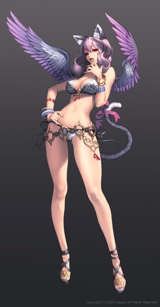 Anime picture 893x1712 with chaos online love cacao single long hair tall image looking at viewer light erotic simple background red eyes standing bare shoulders animal ears purple hair tail animal tail cat ears grey background midriff cat tail girl