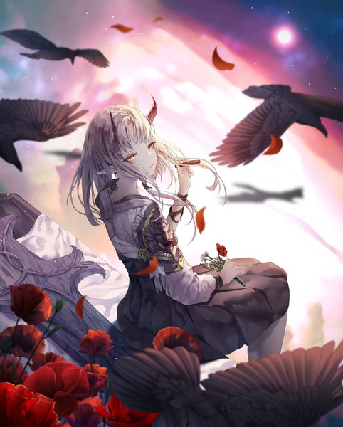 Anime picture 2852x3546 with original develop2 single long hair tall image looking at viewer fringe highres sitting holding yellow eyes silver hair blunt bangs pleated skirt horn (horns) from above pointy ears oni horns oni girl