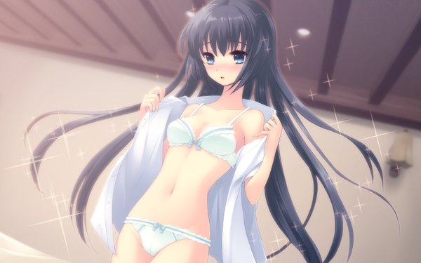 Anime picture 1920x1200 with flyable heart shirasagi mayuri highres blue eyes light erotic black hair wide image open clothes open shirt girl underwear