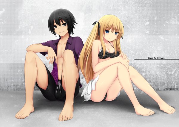 Anime picture 2338x1653 with original kopianget long hair blush highres short hair blue eyes light erotic black hair blonde hair smile inscription open clothes grey eyes open shirt muscle girl boy ribbon (ribbons) hair ribbon