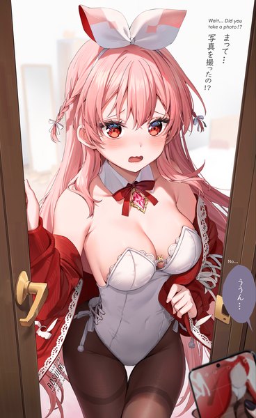 Anime picture 1200x1956 with virtual youtuber atelier live pinku (vtuber) rosuuri single long hair tall image blush fringe breasts open mouth light erotic hair between eyes red eyes standing looking away pink hair braid (braids) off shoulder embarrassed