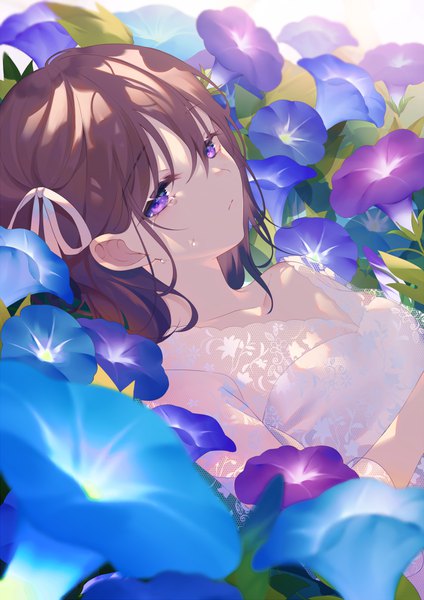 Anime picture 706x1000 with original achiki single tall image looking at viewer blush fringe short hair hair between eyes brown hair purple eyes upper body lying blurry on back dutch angle crying girl flower (flowers) ribbon (ribbons)