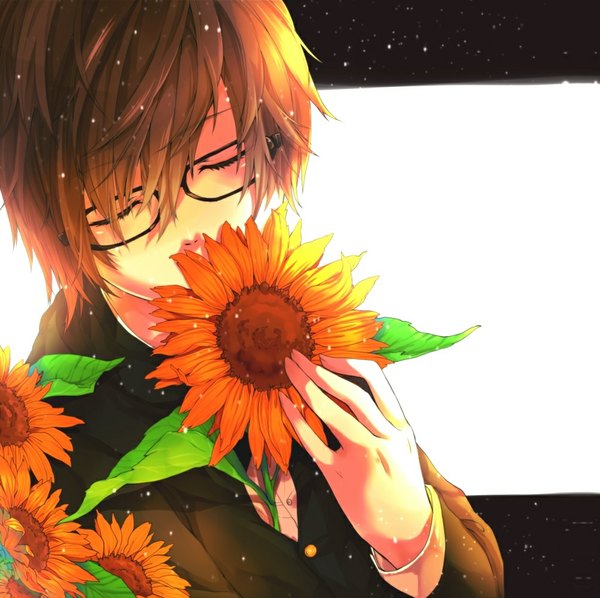 Anime picture 1003x1000 with vocaloid single short hair simple background brown hair white background eyes closed black background striped boy uniform flower (flowers) plant (plants) school uniform shirt glasses sunflower fireflies