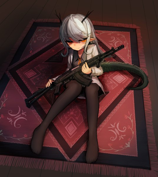 Anime picture 1318x1473 with original bee (deadflow) single long hair tall image looking at viewer sitting tail horn (horns) pointy ears grey hair no shoes demon girl girl weapon shirt pantyhose gun suit rifle