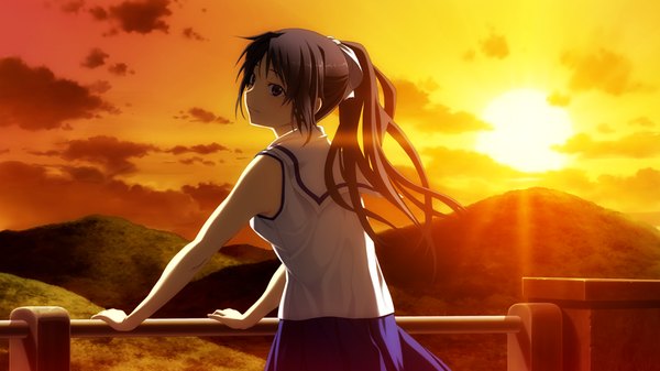 Anime picture 1024x576 with suigetsu 2 long hair black hair wide image purple eyes game cg ponytail evening sunset girl uniform school uniform serafuku