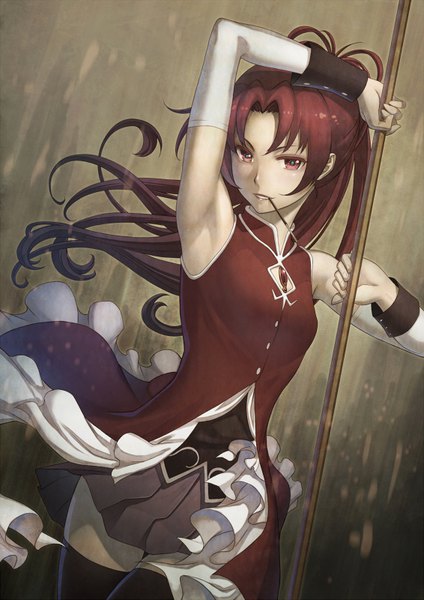 Anime picture 566x800 with mahou shoujo madoka magica shaft (studio) sakura kyouko terumii single long hair tall image looking at viewer fringe smile red eyes bare shoulders holding ponytail red hair parted lips pleated skirt arm up armpit (armpits) mouth hold