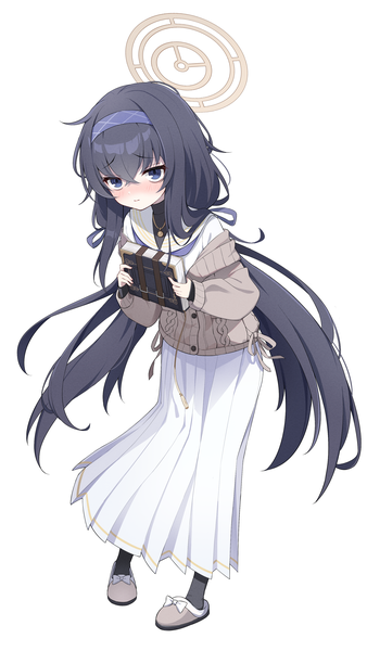 Anime picture 2200x3900 with blue archive ui (blue archive) exusiai dust single long hair tall image blush fringe highres black hair simple background hair between eyes white background purple eyes twintails full body pleated skirt low twintails girl skirt