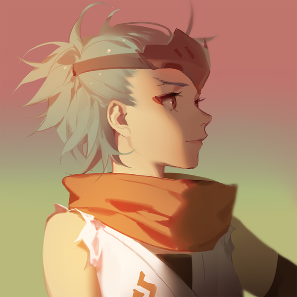 Anime picture 800x800 with overwatch blizzard entertainment genji (overwatch) ask (askzy) single short hair simple background bare shoulders brown eyes ponytail profile light smile grey hair gradient background portrait shaded face genderswap girl scarf red scarf