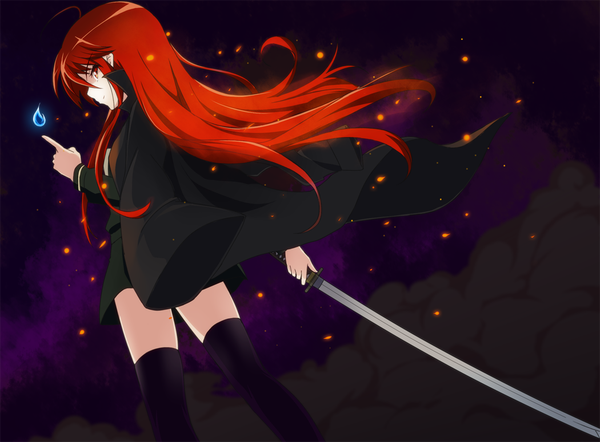 Anime picture 1050x775 with shakugan no shana j.c. staff shana mokkei (artist) single long hair red eyes red hair profile girl thighhighs weapon black thighhighs sword jacket katana