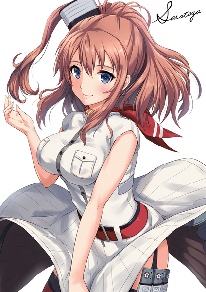 Anime picture 800x1131 with kantai collection saratoga (kantai collection) sakiyamama single long hair tall image looking at viewer blush fringe breasts blue eyes light erotic simple background hair between eyes brown hair large breasts standing white background payot light smile