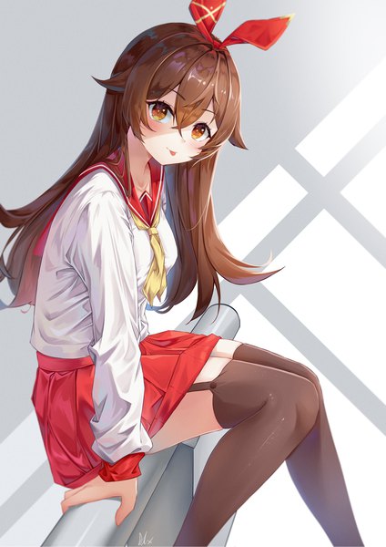 Anime picture 3307x4677 with genshin impact amber (genshin impact) pai daxing single long hair tall image looking at viewer fringe highres hair between eyes brown hair sitting brown eyes absurdres long sleeves pleated skirt alternate costume :p girl thighhighs