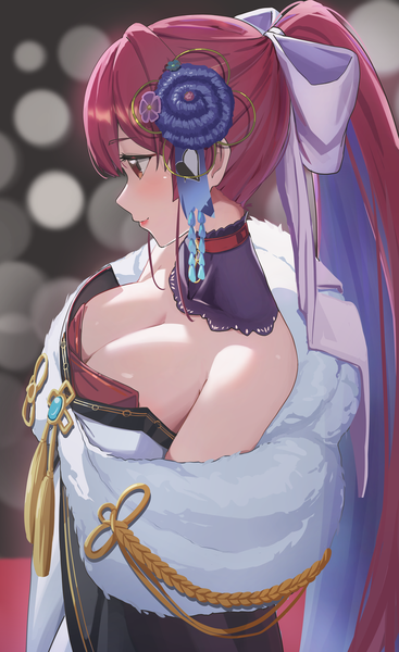 Anime picture 2578x4210 with virtual youtuber hololive houshou marine houshou marine (new year) reulem single long hair tall image highres breasts light erotic red eyes large breasts cleavage ponytail red hair from above official alternate costume girl hair ornament