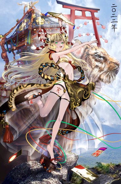 Anime picture 1347x2048 with original nanaponi single long hair tall image breasts open mouth light erotic blonde hair standing green eyes animal ears full body tail :d animal tail outstretched arm hieroglyph standing on one leg new year