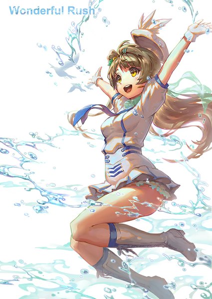 Anime picture 709x1000 with love live! school idol project sunrise (studio) love live! minami kotori haoni single long hair tall image open mouth brown hair white background yellow eyes girl dress gloves water boots white gloves beret