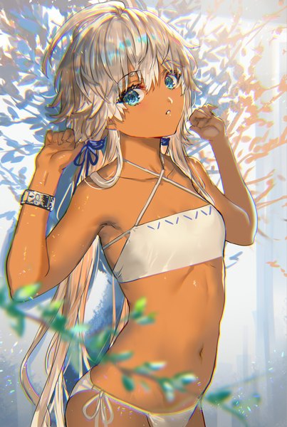 Anime picture 1075x1600 with original ranou single long hair tall image looking at viewer fringe blue eyes light erotic hair between eyes standing silver hair ahoge parted lips blurry arms up dark skin anaglyph girl navel