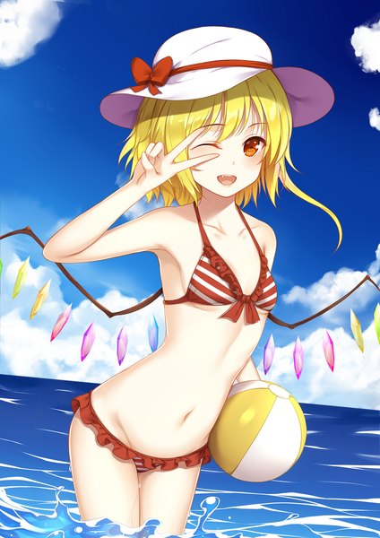Anime picture 1260x1781 with touhou flandre scarlet flan (seeyouflan) single tall image looking at viewer short hair open mouth light erotic blonde hair smile red eyes sky cloud (clouds) one eye closed wink armpit (armpits) victory flat chest arched back