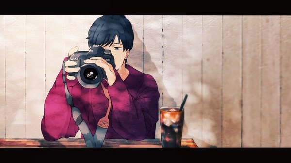 Anime picture 1334x750 with banana fish mappa okumura eiji arashi (boom sate225) single fringe short hair black hair wide image holding looking away upper body indoors grey background shadow tears letterboxed covering crying covering face