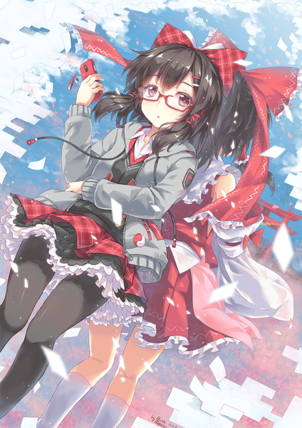 Anime picture 966x1366 with touhou hakurei reimu north abyssor tall image looking at viewer short hair sky looking back dutch angle back to back multiple persona girl skirt hair ornament bow hair bow detached sleeves pantyhose socks glasses