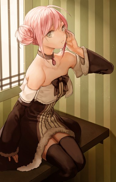 Anime picture 650x1019 with original naguri single tall image looking at viewer short hair sitting bare shoulders pink hair ahoge grey eyes hair bun (hair buns) striped striped background girl thighhighs black thighhighs detached sleeves choker window