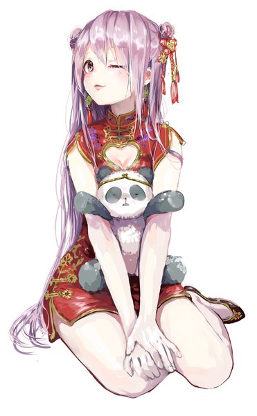 Anime picture 1110x1791 with original pomu (joynet) single long hair tall image looking at viewer blush fringe breasts simple background smile white background sitting pink hair cleavage full body traditional clothes one eye closed pink eyes fingernails