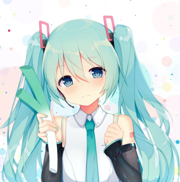 Anime picture 1890x1913 with vocaloid hatsune miku jyt single long hair tall image looking at viewer fringe highres blue eyes hair between eyes twintails upper body nail polish head tilt aqua hair aqua nail polish girl detached sleeves vegetables