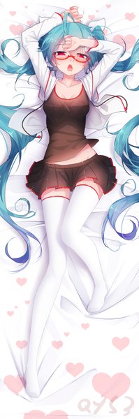 Anime picture 499x1500 with vocaloid hatsune miku qys3 single tall image looking at viewer blush open mouth red eyes twintails very long hair aqua hair dakimakura (medium) girl thighhighs skirt miniskirt white thighhighs glasses heart