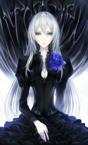 Anime picture 781x1280 with original erise single long hair tall image looking at viewer fringe blue eyes standing blue hair pale skin girl dress flower (flowers) frills black dress rose (roses) blue rose