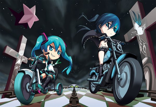 Anime picture 1600x1100 with black rock shooter vocaloid hatsune miku black rock shooter (character) twintails chibi girl star (symbol) motorcycle