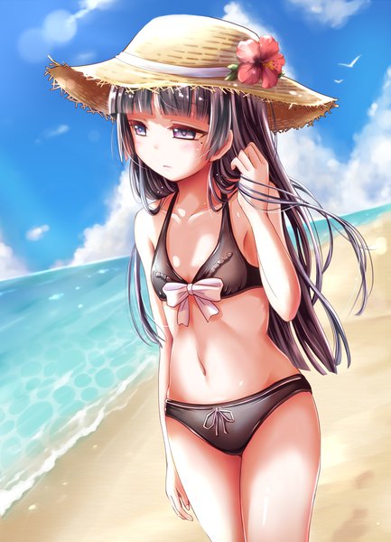 Anime picture 1000x1385 with ore no imouto ga konna ni kawaii wake ga nai gokou ruri herunin single long hair tall image blush fringe breasts light erotic black hair standing purple eyes bare shoulders looking away sky cloud (clouds) blunt bangs head tilt sunlight