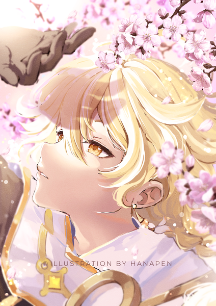 Anime picture 1736x2456 with genshin impact aether (genshin impact) hanapen single long hair tall image fringe highres blonde hair hair between eyes signed yellow eyes upper body cherry blossoms looking up boy gloves flower (flowers) earrings black gloves