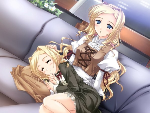 Anime picture 1024x768 with scarlett blue eyes blonde hair game cg sleeping girl couch child (children)