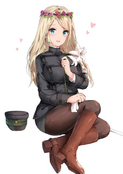 Anime picture 2508x3541 with original syotastar single long hair tall image looking at viewer blush fringe highres breasts open mouth blue eyes simple background blonde hair white background sitting holding full body bent knee (knees) long sleeves