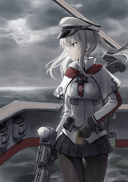 Anime picture 1000x1416 with kantai collection graf zeppelin (kantai collection) cnm single long hair tall image fringe breasts hair between eyes standing twintails purple eyes holding payot looking away cloud (clouds) long sleeves profile pleated skirt grey hair