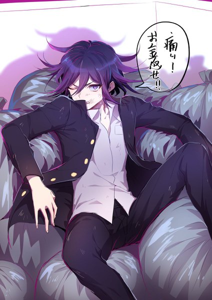 Anime picture 848x1200 with dangan ronpa new danganronpa v3 ouma kokichi nanin single tall image looking at viewer fringe short hair hair between eyes purple eyes purple hair lying one eye closed shadow on back clenched teeth dirty boy uniform