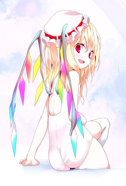 Anime picture 1107x1631 with touhou flandre scarlet oouso (usotsukiya) single tall image short hair light erotic blonde hair red eyes looking back girl thighhighs white thighhighs wings bonnet white school swimsuit