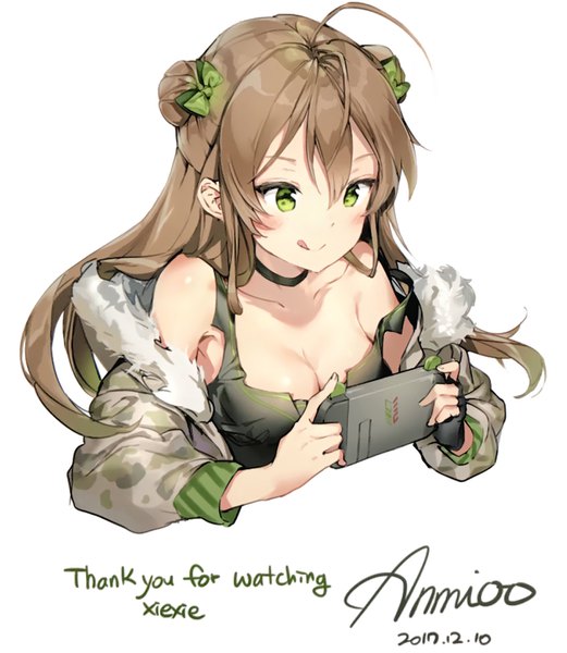 Anime picture 1253x1443 with girls frontline rfb (girls frontline) anmi single long hair tall image blush fringe breasts light erotic simple background smile hair between eyes brown hair white background holding green eyes signed payot cleavage